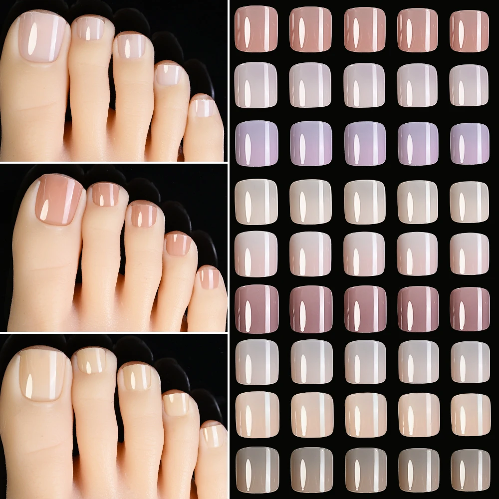 120 pçs semi-transparente série nude toe dicas de unhas curto quadrado acrílico imprensa em unhas brilhantes dicas de unhas falsas para pedicure