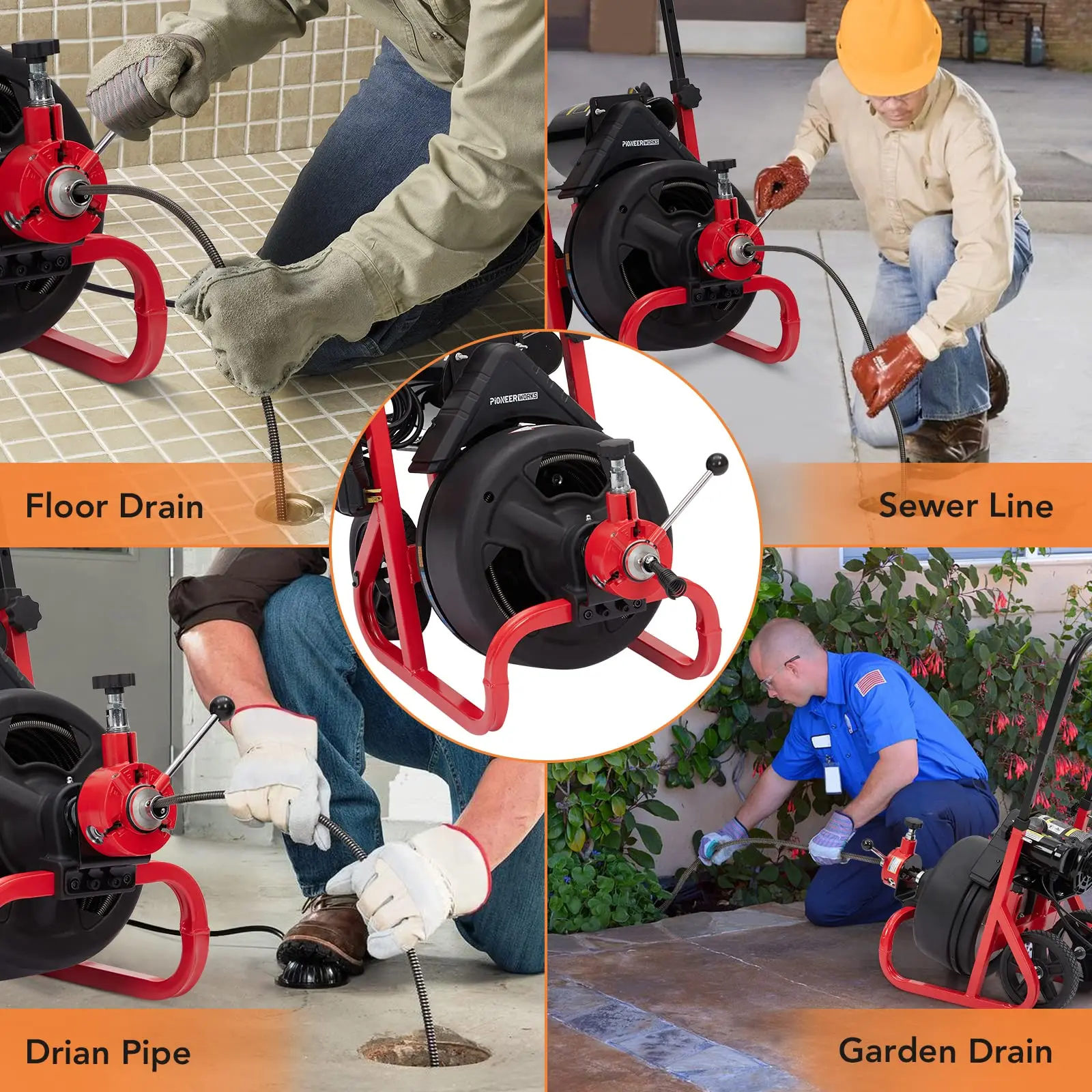 100Ft x 3/8 In Drain Cleaner Machine, Pioneer Works Sewer Snake Machine Auto Feed,Drain Auger Cleaner with 6 Cutters,Foot Switch