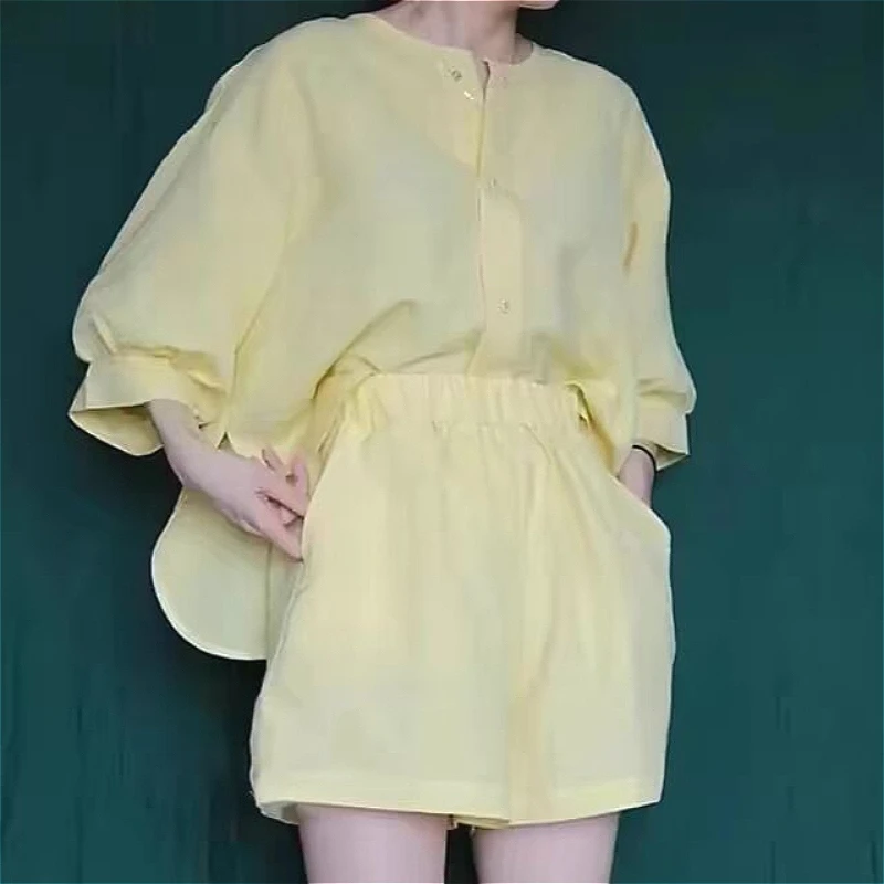 

Shorts Pant Set Women Two Piece Sets Turn Down Collar Full Sleeve Shirt Short Pants Elastic Waist Y2k Streetwear Elegant Casual