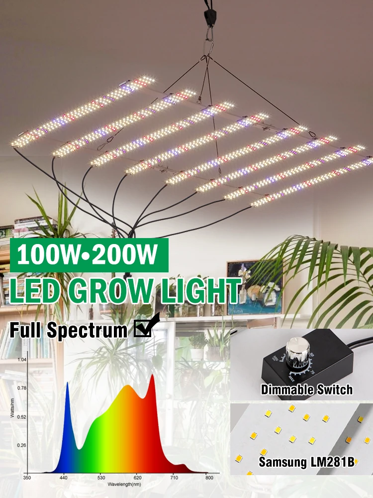 100W 200W Dimmbares Vollspektrum LED-Wachstumslicht LM281B IR730nm UV395nm Hochleistungs-LED-Chip für Gemüse Blumen Pflanzen Aussaat