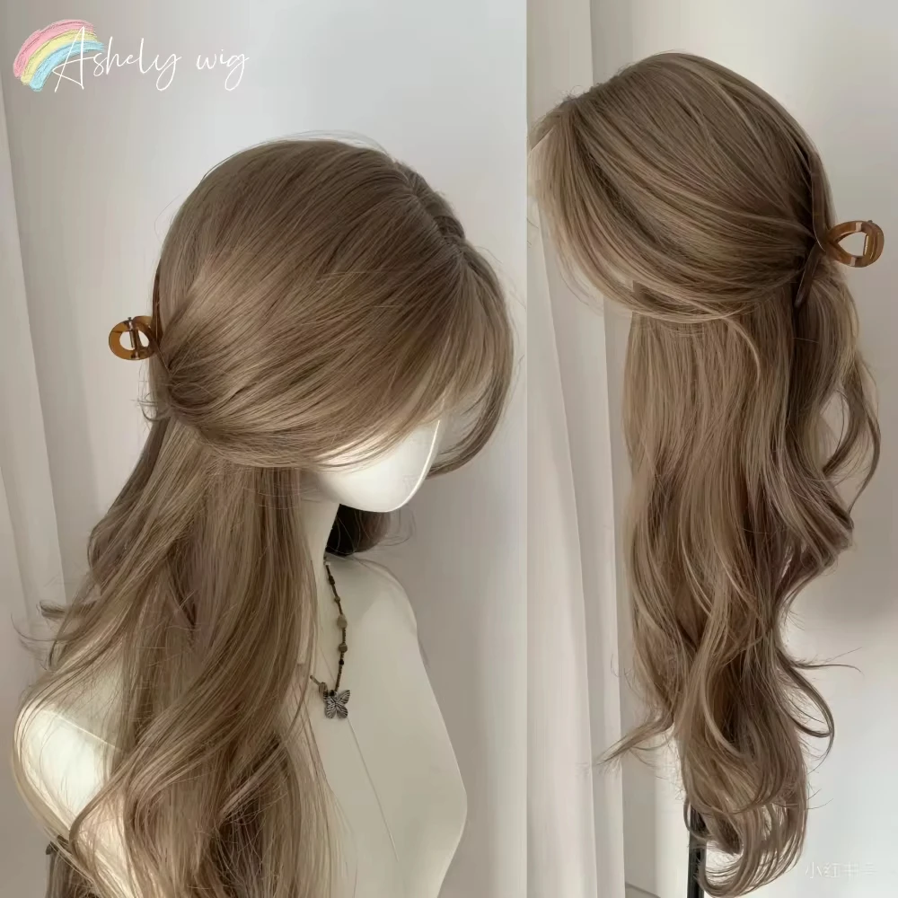 Parrucca marrone chiaro per donna Parrucca sintetica per capelli lunghi ondulati per la vita quotidiana Parrucche per capelli resistenti al calore Lolita Cosplay