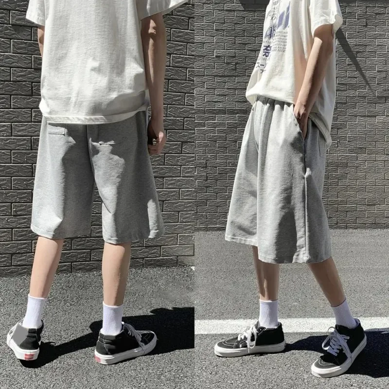 2024 New Men Baggy Sweatpants Shorts Straight Wide Casual Elastic Waist Black Gray Jogging Male Knee Length Short Pants