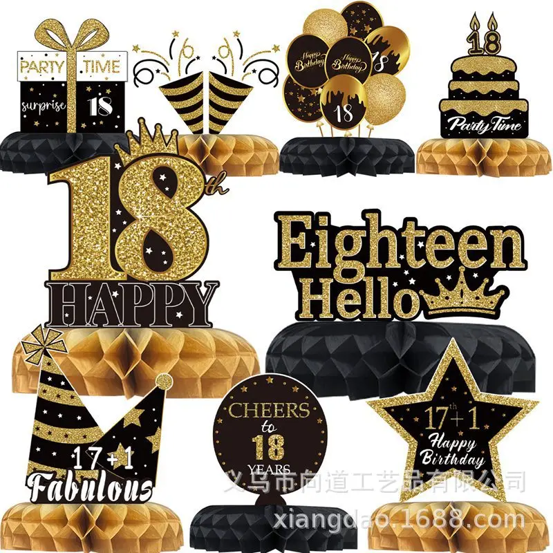 9 Stück Schwarzgold 18/21/30/40/50/60th Happy Birthday Desktop Wabenornamente Foto Requisiten für Happy Birthday Party Decor – Detail 3