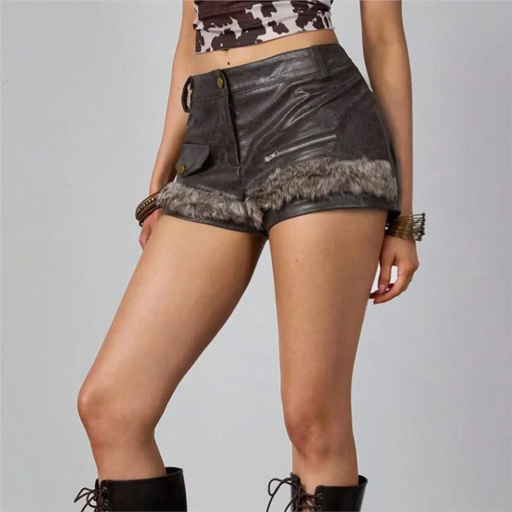 Dameskleding Trendy retro leren shorts Modieuze patchworkbroek Sexy all-match eenvoudige stijl Ritspakket Hip Bodycon