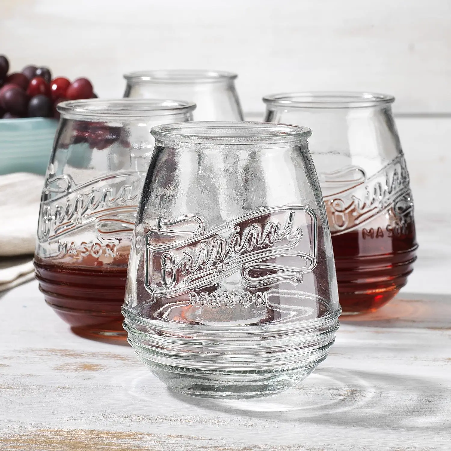 

Stemless Wine Glasses 21 Oz. Set Of 4 Original Mason Vintage Goblet Beverage Glasses Uses For Your Cocktail Lounge, Whiskey Part