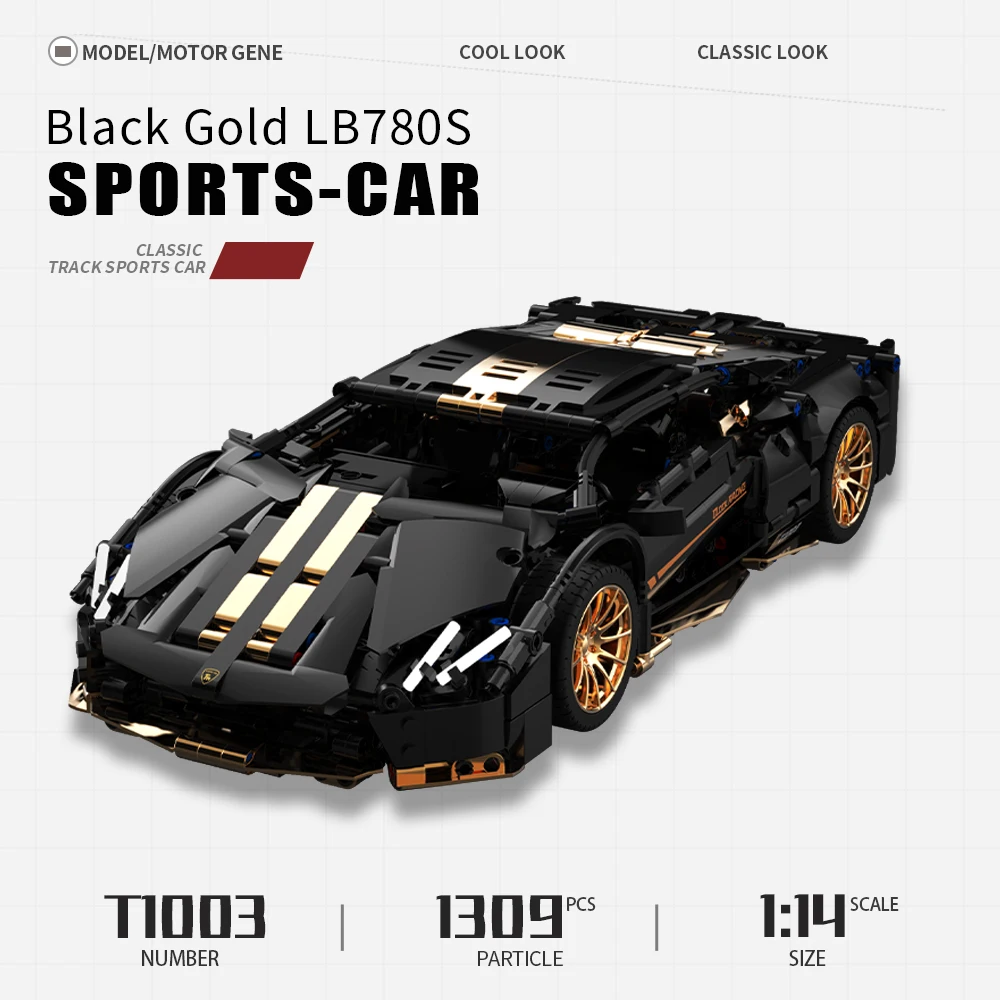 

T1003 1:14 High Tech Black Gold Lb780s Sports Racing Car Brick Static Version Technical Model Building Blocks Boys Toys 1309pcs