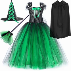 Wicked Elphaba Witch Costume for Girls Green Black Tutu Dress Kids Halloween Carnival Party Dress Up Clothes with Hat Broom Cape
