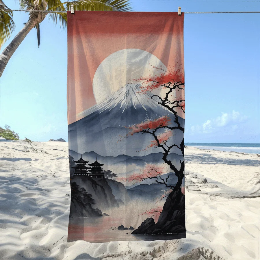 Oriental temple maple leaf patterned bath towel, made of polyester, machine washable, suitable for travel, pool, and beach use.