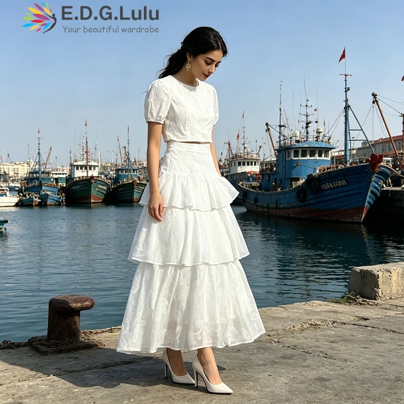 EDGLuLu Round Neck Short Sleeved Top+High Waist Long Skirt Mesh Embroidery White Outfits For Woman 2 Piece Set 0523