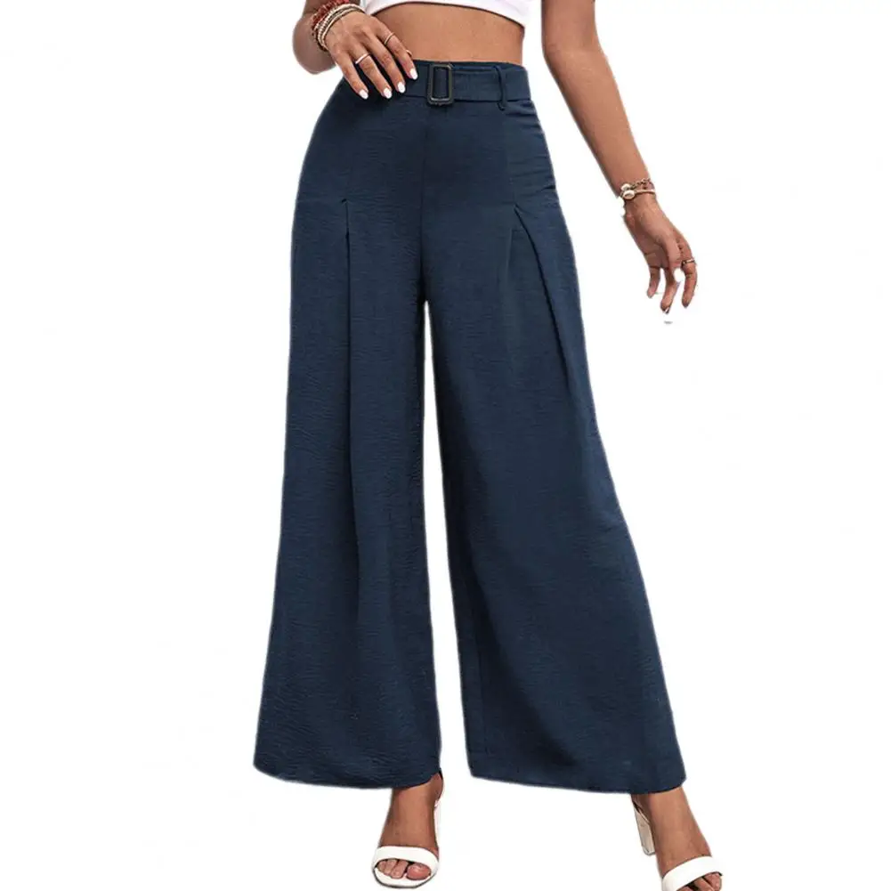 Women Pants Flowy Wide Leg High Waist Pants for Women Adjustable Buckle Solid Color Trousers for Work Streetwear Business Loose