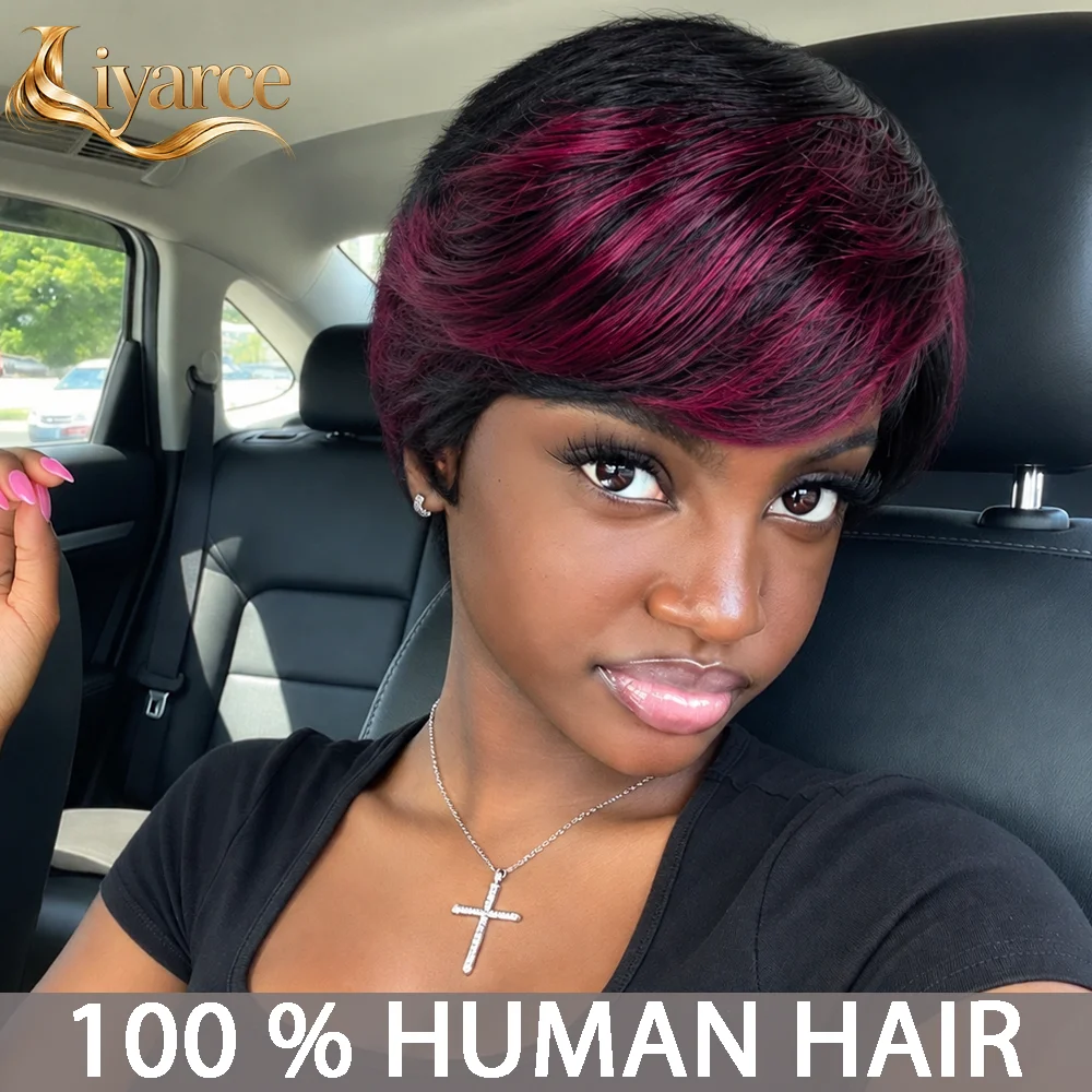 Liyarce Remy Human Hair Wig Suitable for Machine Made Women 6 Inch Short Pixie Cut with Bangs180% Density Straight Hair Wig