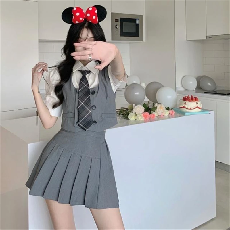 American Hot Girl Style High Waist Pleated Skirt Sets A line JK Uniform Suitd Short-sleeved Shirt and Tie Vest Female Summer