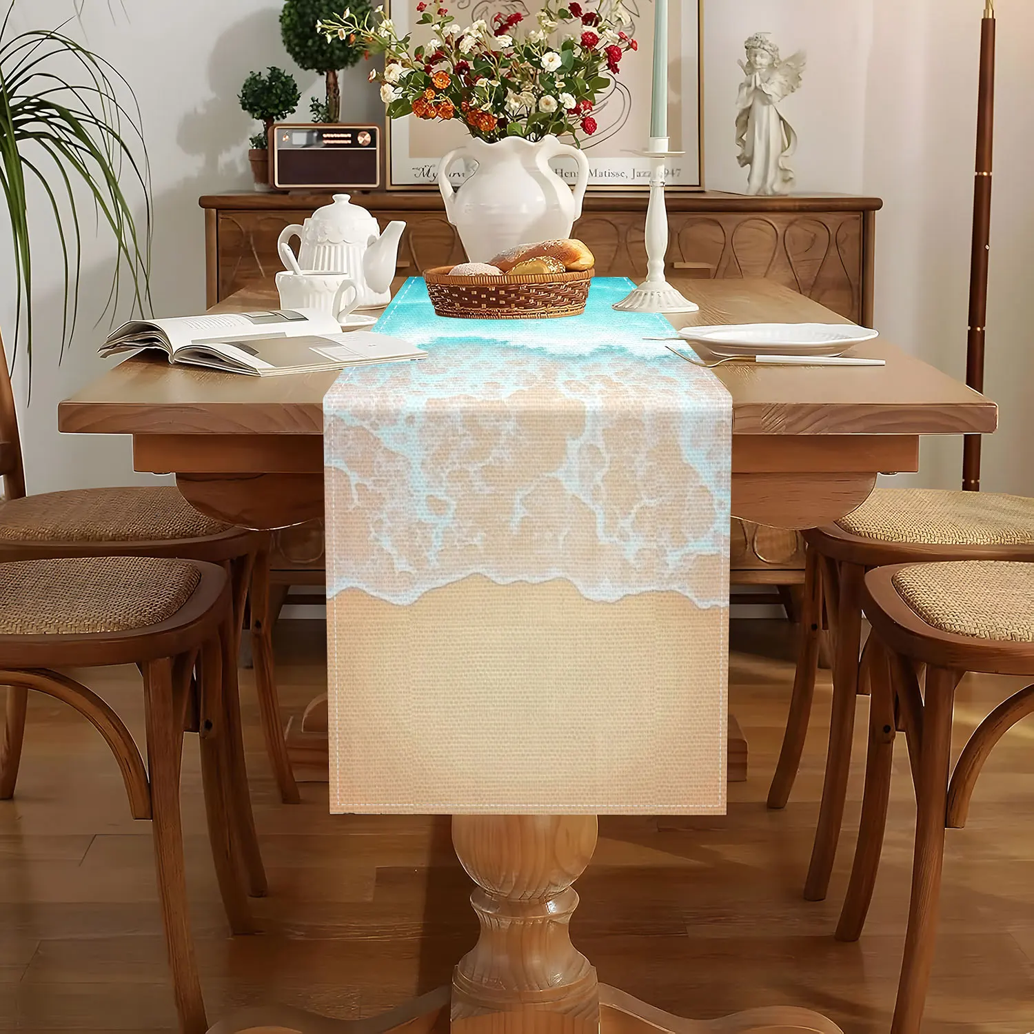 1 Piece of Beach Wave-Themed Table Runner, Beach Waves and Beach Patterns, Suitable for Beach-Themed Parties, Beach Vacation House Decorations, Summer Outdoor Gatherings, Ocean-Style Cafe Decorations, Beach Camping Scene Arrangements, Beach Homestay Soft Furnishings, Ocean-Themed Cultural and Creative Store Displays, Summer Home Decorations