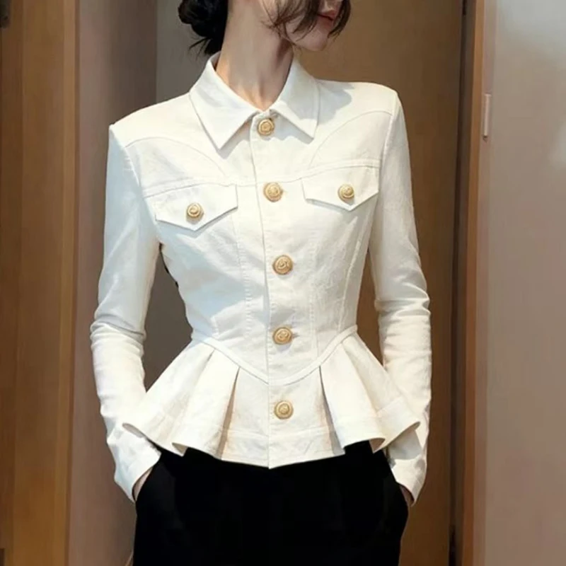 

Stylish Elegant Slim Waist White Shirts Women Long Sleeve Turn-Down Collar Single-Breasted Blouse Jacket Coat OL White Outwear
