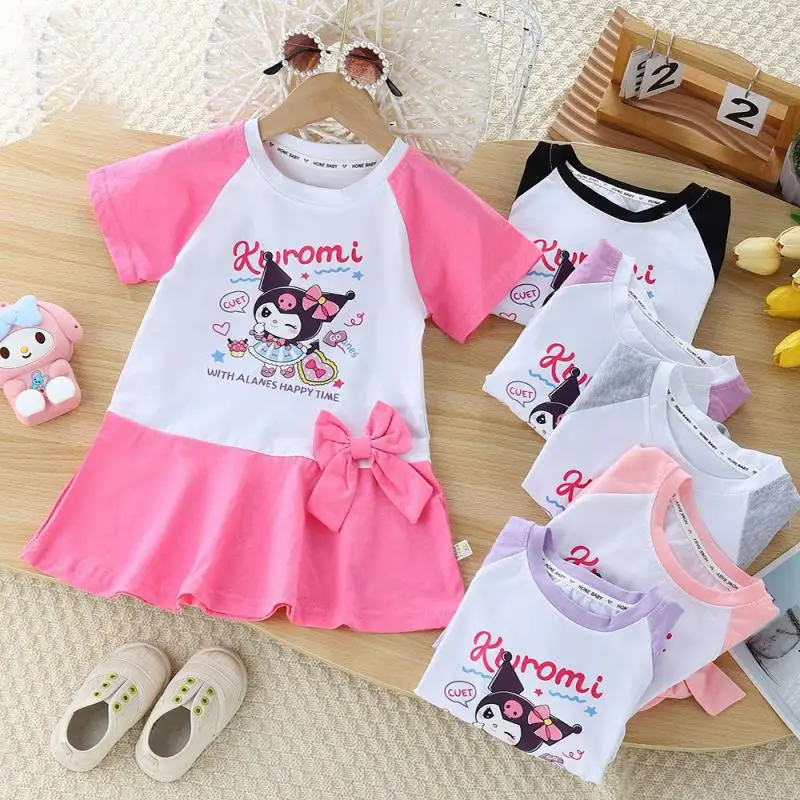 Anime Sanrios Children's Summer Dress Kuromi Girls Cotton Short Sleeve Skirt Cute Pleated Skirt Preppy Style New Kids Clothes