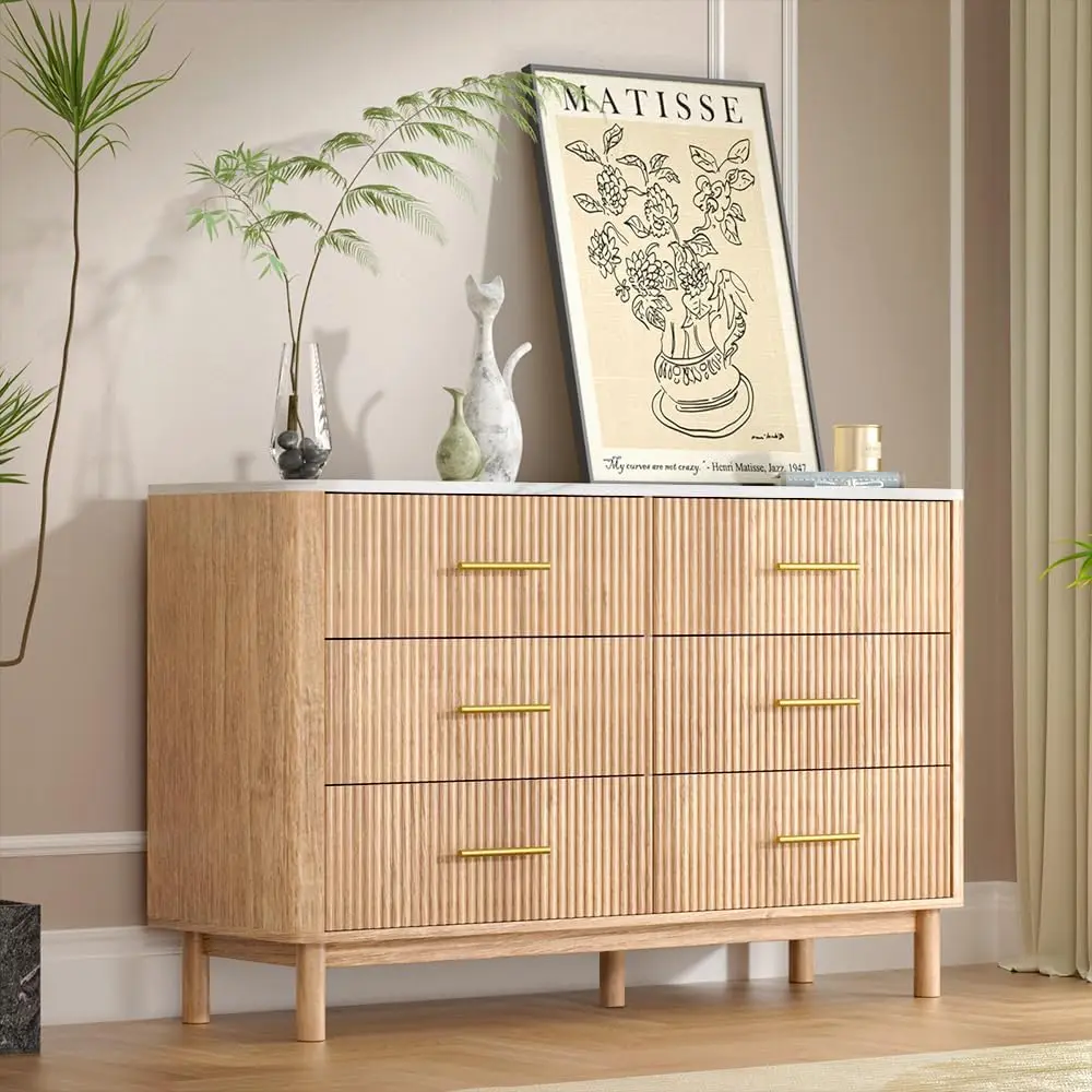 6-Drawer Fluted Dresser Natural Oak Faux Marble Top 47" Wide Bedroom Living Room Hallway Organizer Easy-Wipe Storage, Customized