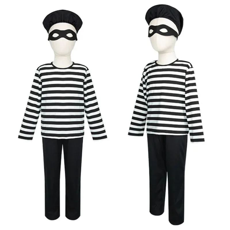 

Костюм для косплея воров, полный комплект в черно-белую полоску для детей, одежда для ролевых игр на Хэллоуин, карнавал и вечеринку
