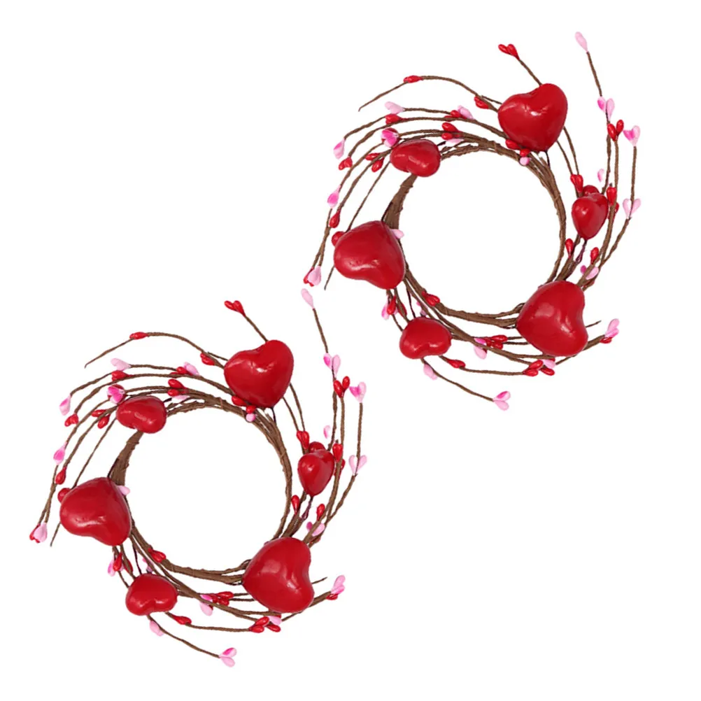2Pcs Red Berry Rings Heart Shaped Festive Decor for Valentine's Day Mother's Day Christmas Winter Table Centerpiece
