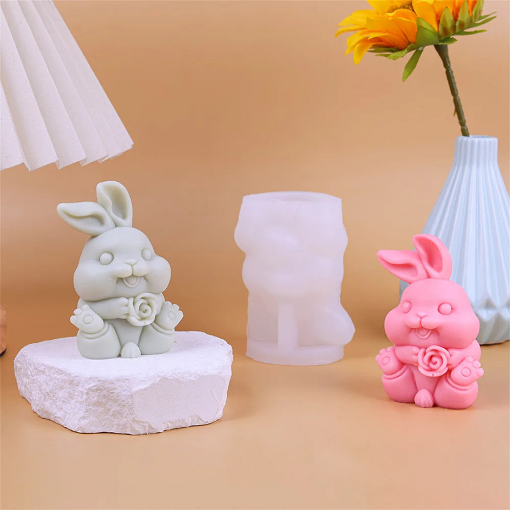 

Rose Holding Bunny Mold Hand-holding Design Rabbit Silicone Mould Candy Rabbit Mould Silicone Material Easter Bunny Candle Mold