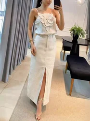 2024 New  Summer Autumn Two pieces set Dress for women Fashion eleangt Sleeveless V Neck Lapel Slit Solid  Skirt Dresses