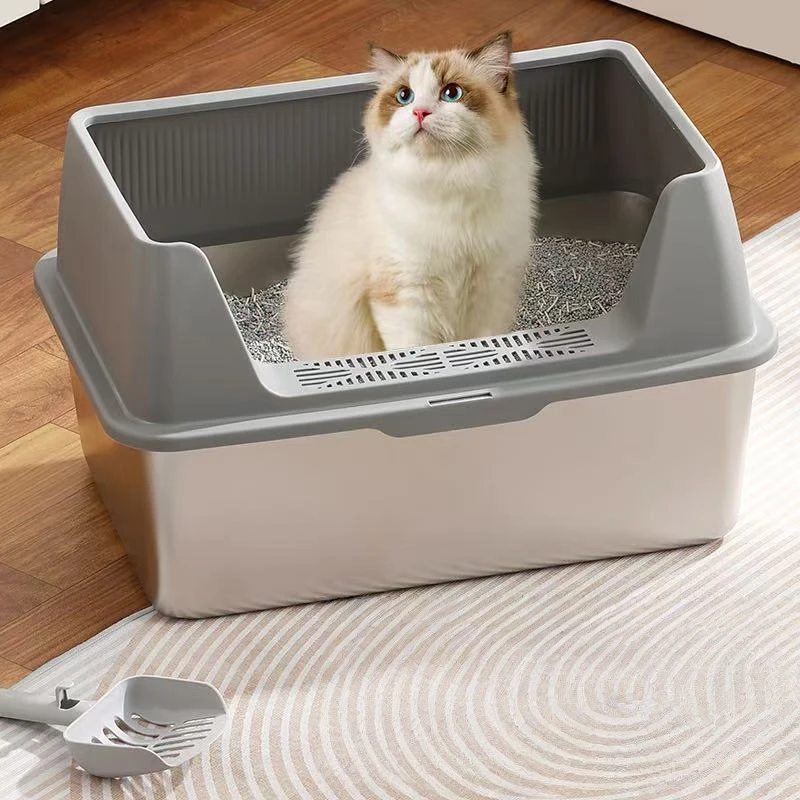 

Two Sets Stainless Steel Cat Litter Box With Lid & Litter Spade - High Side Non-Stick Leak Proof Durable Pet Toilet for Big Cats