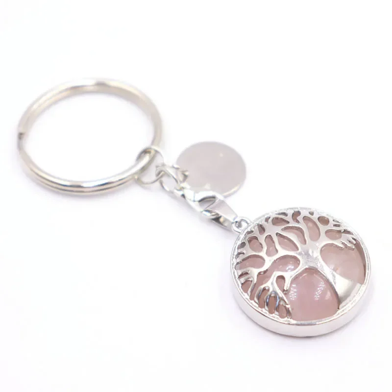 10pcs Natural Stone Keychain Hollow Tree of Life Tiger Eye Healing Rose Quartz Crystal Key Ring Chain Keyring