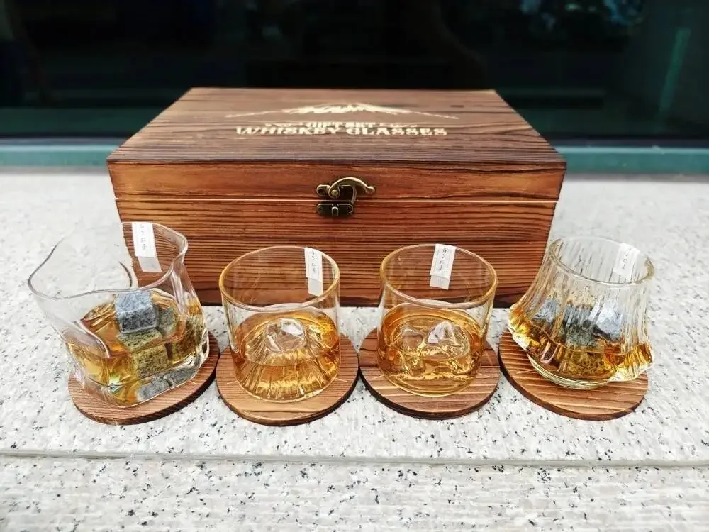 Latest Whiskey Glass Gift Set Wooden Box 4 Different Cup 8 Stone Ice Cube 4 Wood Coaster 1 Storage Bag 1 Clip Best Gift For Man 4