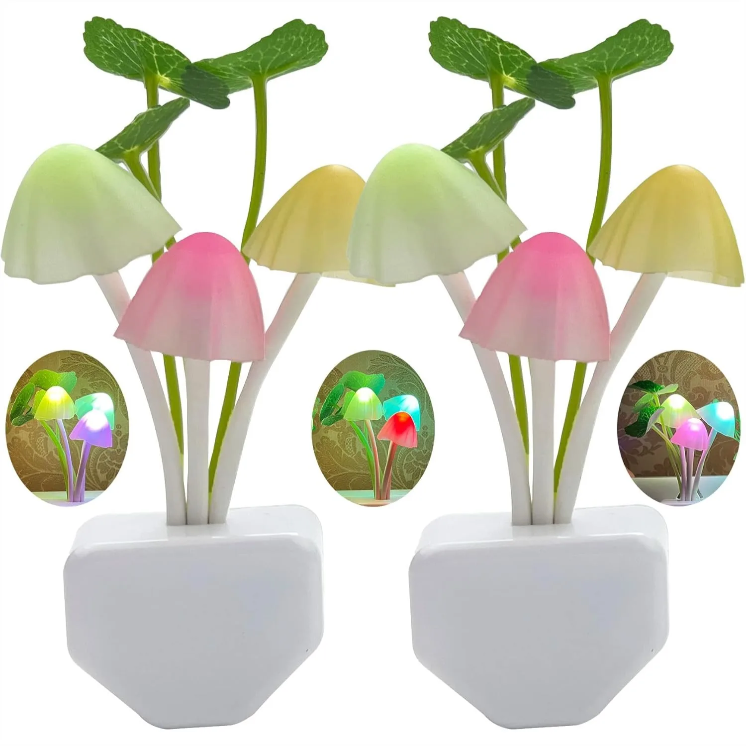 

2 Pack Sensor LED Night Lights, Color Changing Plug-in Mushroom Lamp for Kids Bedroom, Dusk to Dawn Auto On/Off, Cute Decor