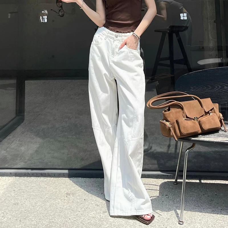 KSTUN 2025 Sommer Neue frauen Weiße Jeans Niedrige Taille Breite Bein Jeans Denim Hosen Losoe Fitness Mädchen Casual Ziehen Hosen gestreift