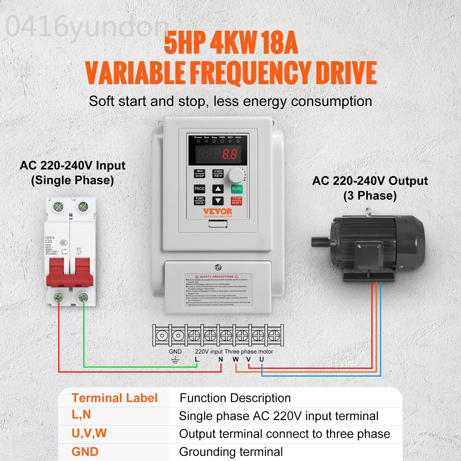 

VEVOR VFD 5HP 4KW однофазный вход 220 В-240 В на 3-фазный выход 220 В-240 В привод с переменной частотой для управления скоростью двигателя переменного тока