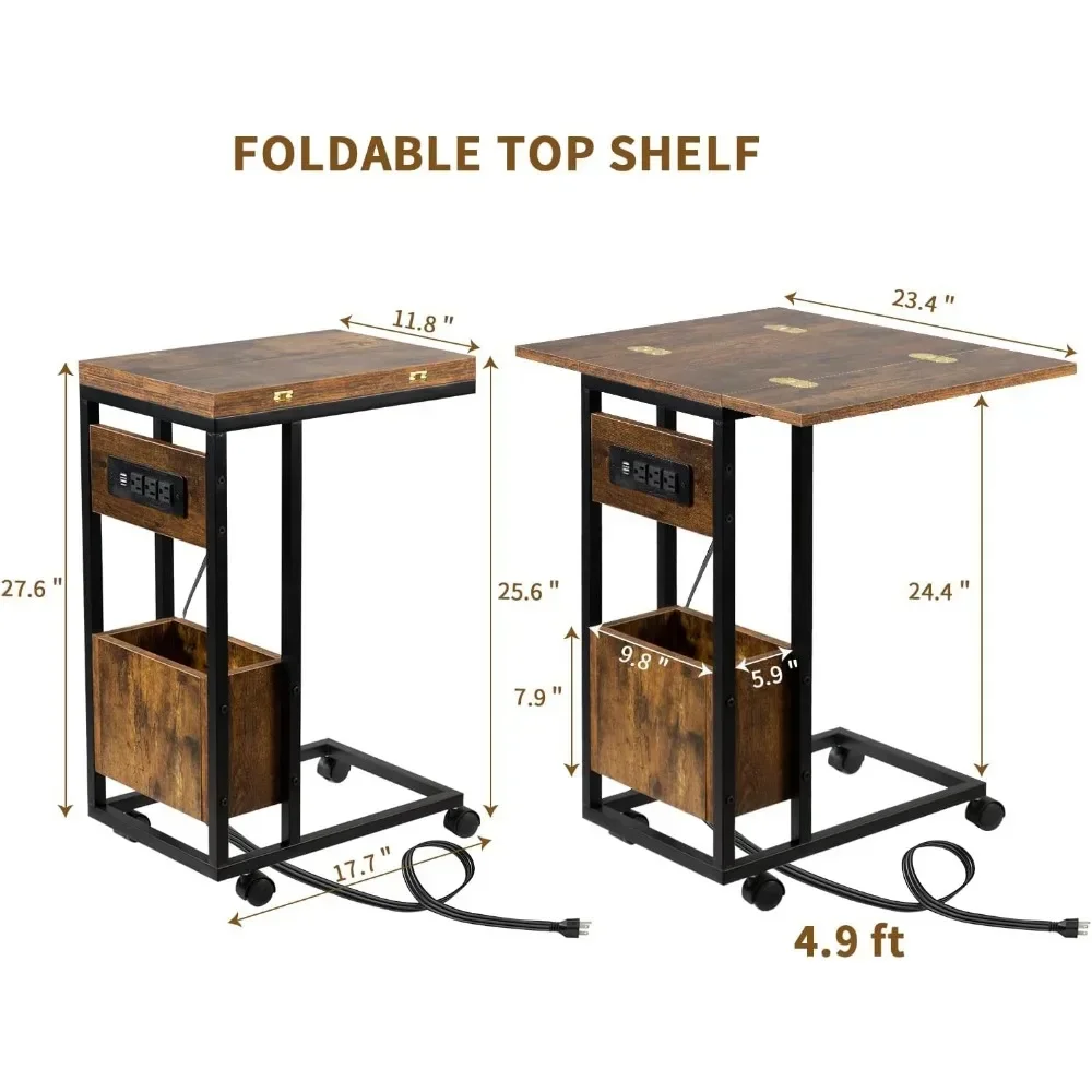 طاولة جانبية مع محطة شحن، طاولات C قابلة للطي، طاولات صينية دوارة، صواني تلفزيون، طاولة فوق السرير على شكل C #5