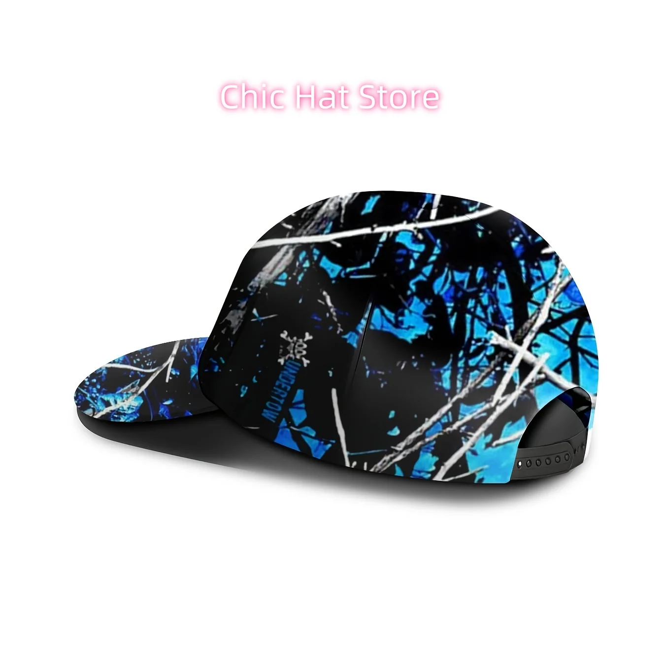Baseball Cap Featuring a Blue And Black Forest Branch Design, Perfect for Winter with a Snow Pattern. This Trendy Outdoor Hat Is