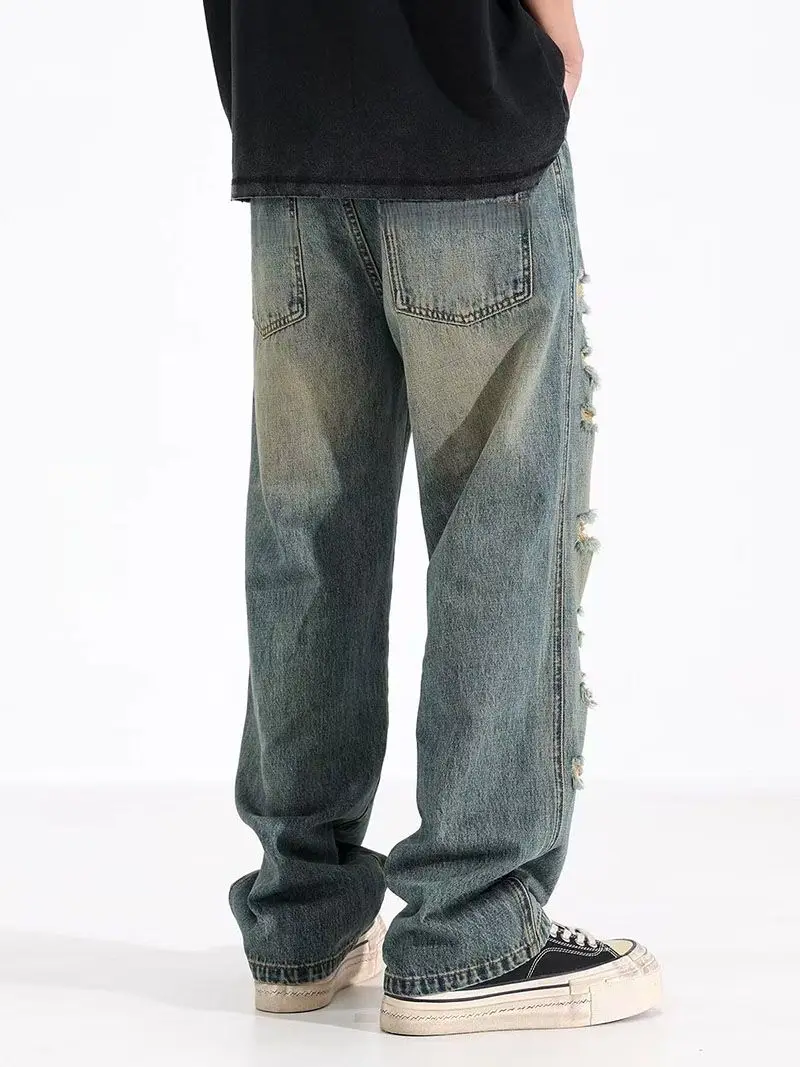 【HME】Men's Jeans | Vintage Mud‑Wash Denim Pants, Men Baggy Wide‑Leg Jeans With Heavy Multi‑Layer Ripped Frayed Holes, Elastic Back Waist Relaxed Fit Denim Trousers, Distressed Denim Bottoms For Men Street Hip‑Hop Daily Outfits
