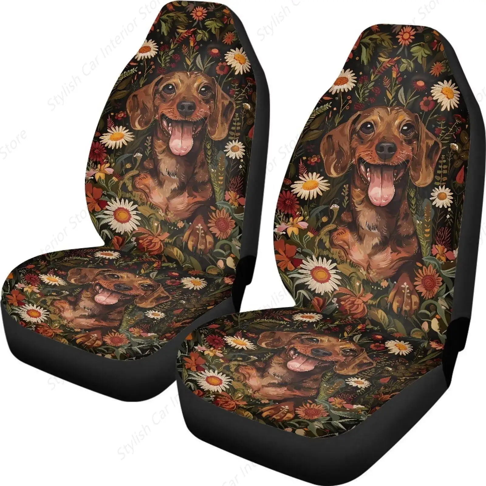 

Dachshund Daisy Flower Print Car Front Seat Cover, Automotive Seat Cover Accessories, Breathable Front Car Seat Cover