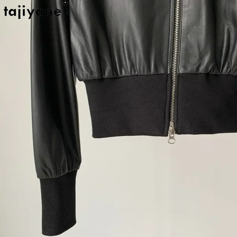 Tajiyane Genuine Sheepskin Leather Jacket Women Short Knitted Stitching Leather Jackets for Women Real Leather Coat Hooded Coats