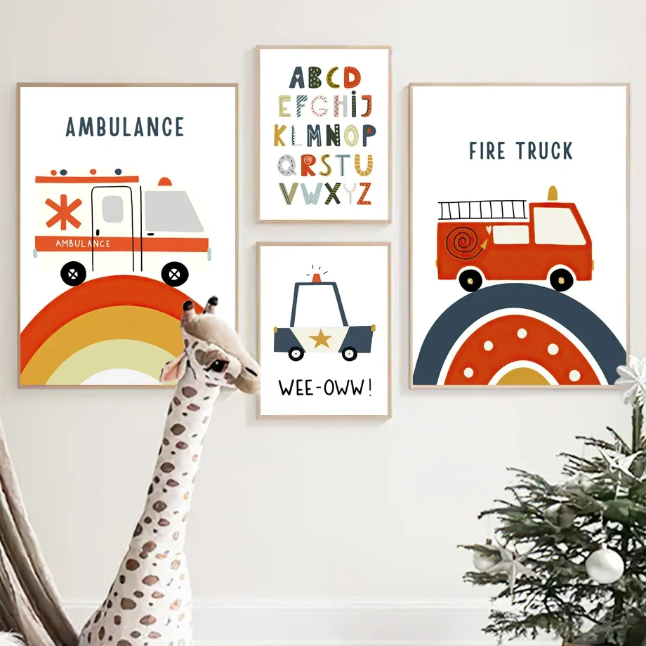 Ambulance Car Trailer Cartoon Alphabet Nursery Art Canvas Painting Nordic Posters Prints Wall Pictures For Kids Room Decor