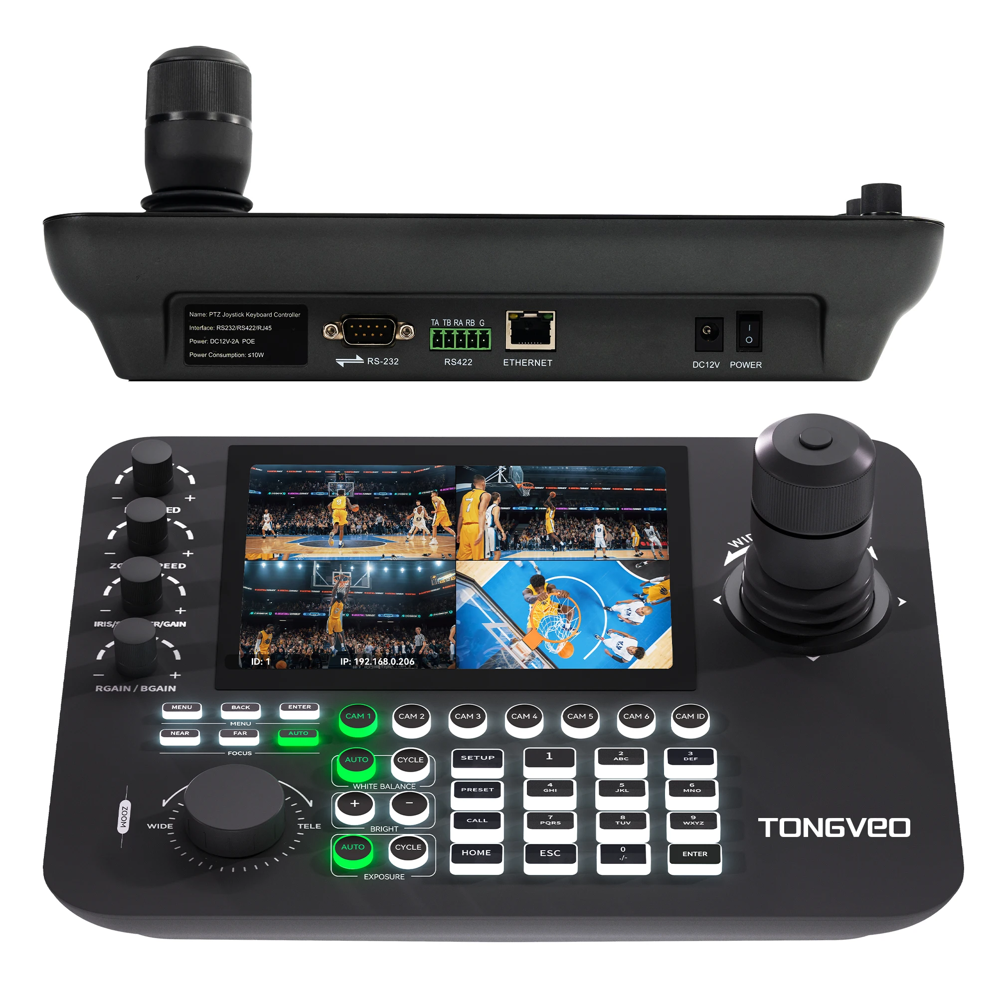 AI Auto Tracking NDI POE 4K Kit telecamera PTZ per streaming live con commutatore video |   Controller joystick con schermo diviso a 4 spaccati |   Interruttore POE