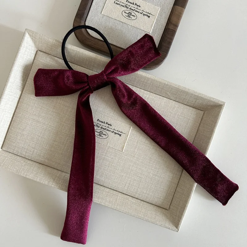 2025 Fashion Velvet Bow Hair Ribbon Scrunchie dla kobiet Vintage czarna aksamitna opaska do włosów dla dziewczynek długa kokarda do włosów Akcesoria do włosów — zdjęcie 7