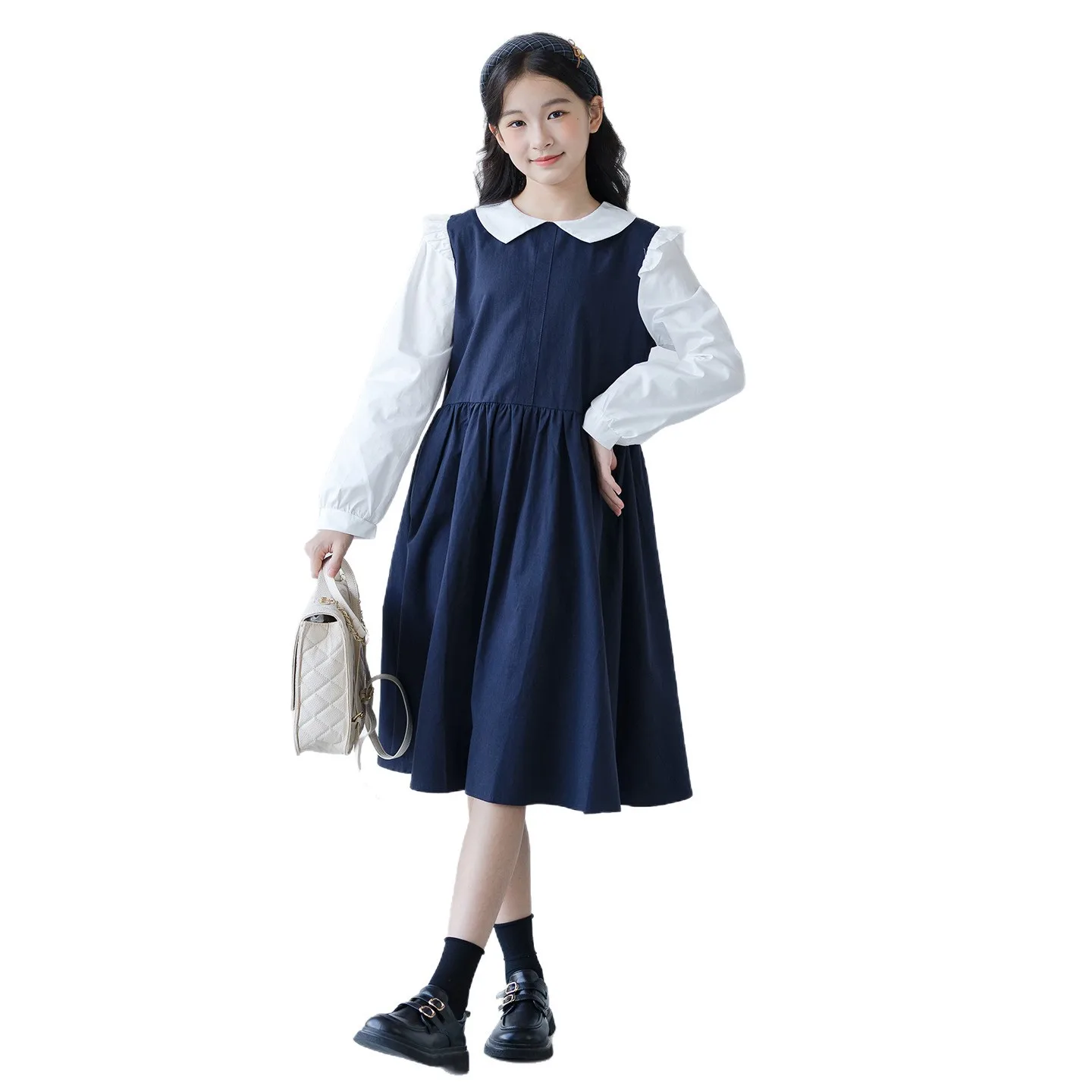 2026 New summer Teens Girls Cloth Jk Uniform long sleeve sailor Shirt Pleated splicing princess dress Children 4 10 12 year