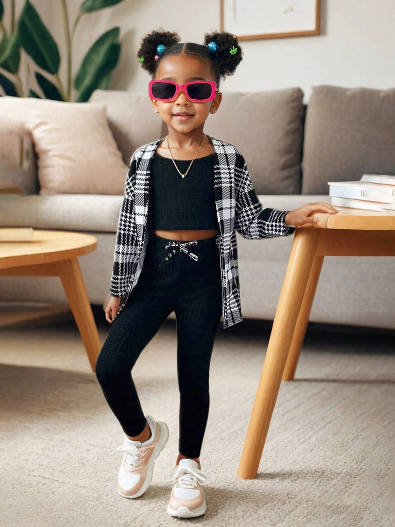 3-teiliges kariertes Outfit für Mädchen, karierte Jacke mit offener Vorderseite, Waffel-Crop-Top und Leggings mit Bindegürtel, lässiges Streetwear-Set für Kinder – Detail 5