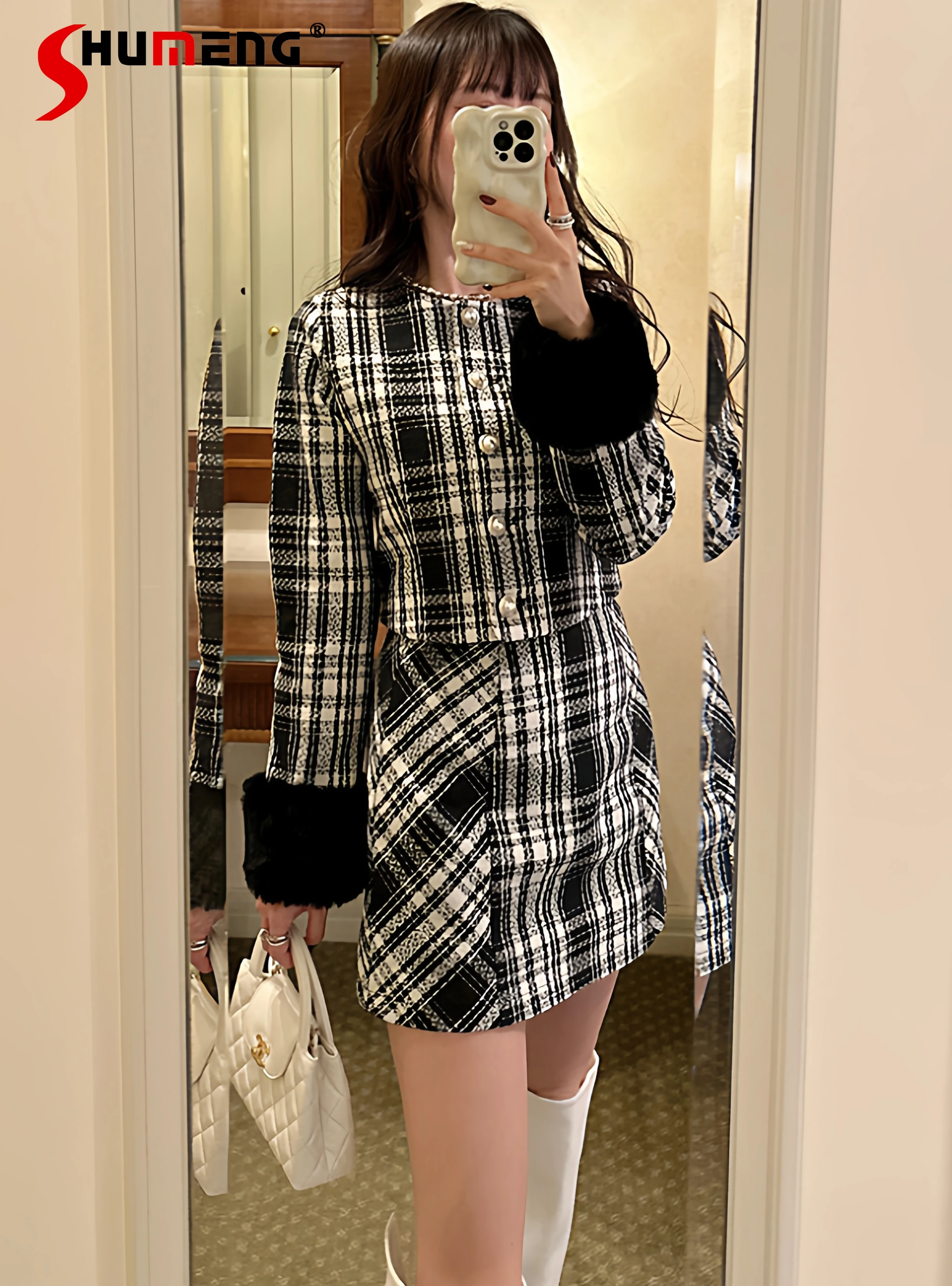 

Japanese Sweet Elegant Plush Long Sleeve Round Neck Jackets High Waist Slim Fit Short Skirt Plaid Two-Piece Set for Women Autumn