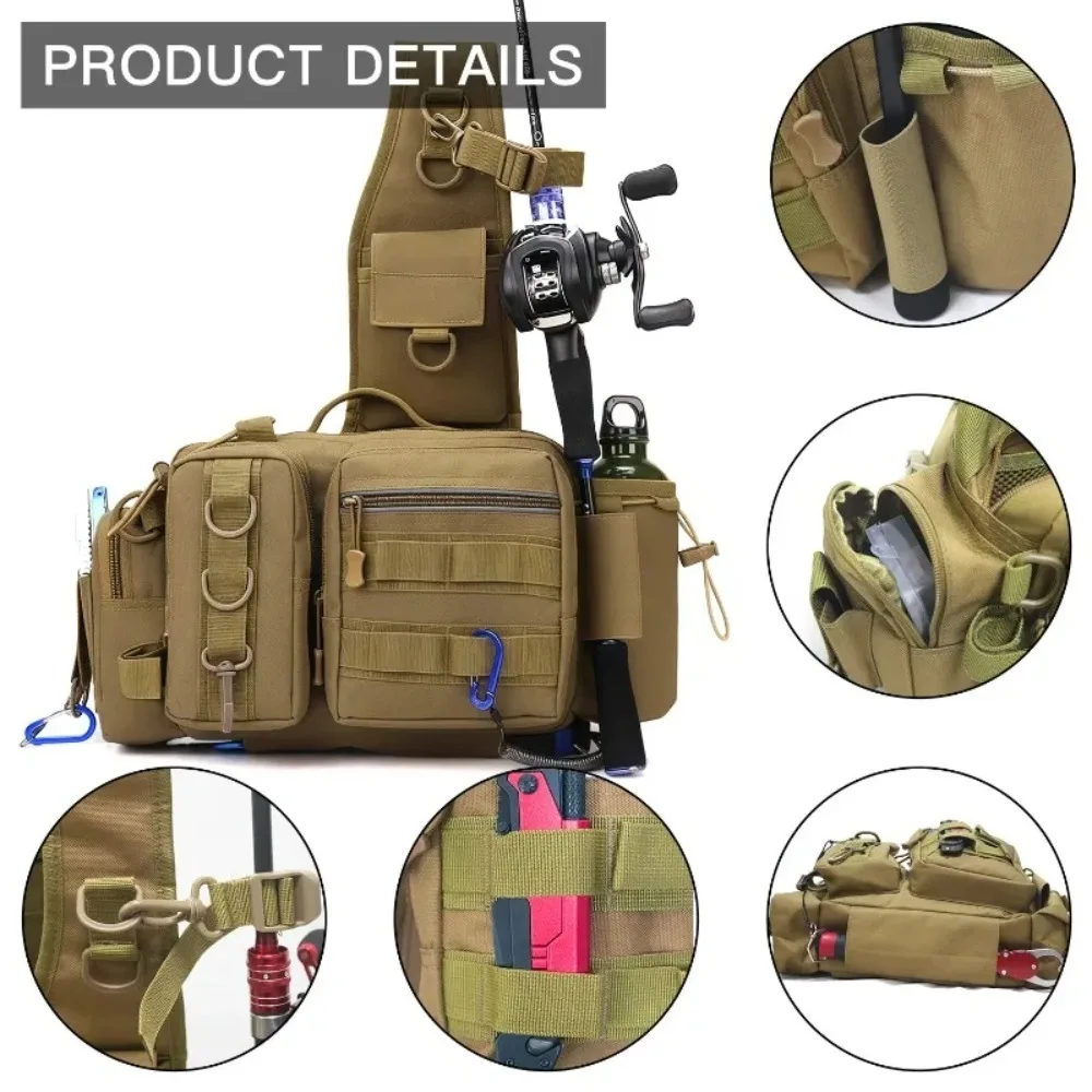 Large Capacity Fishing Bag Crossbody Sling Backpack with Rod Holder, Tackle Organizer for Outdoor Fishing Gear Accessories