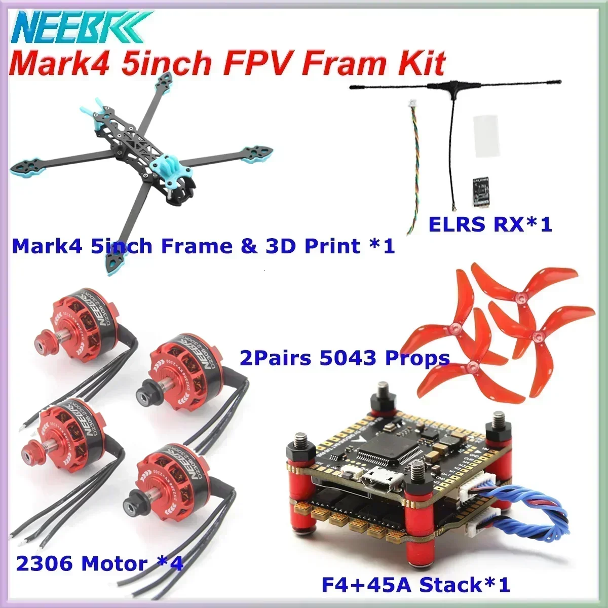 Mark4 5-Zoll FPV-Rahmenkit 2306 Motor F4V3S PLUS FC 45A ESC Stack ELRS 915MHz RX 5043 Propeller GPS-Druckteile für RC FPV Racing Drohne