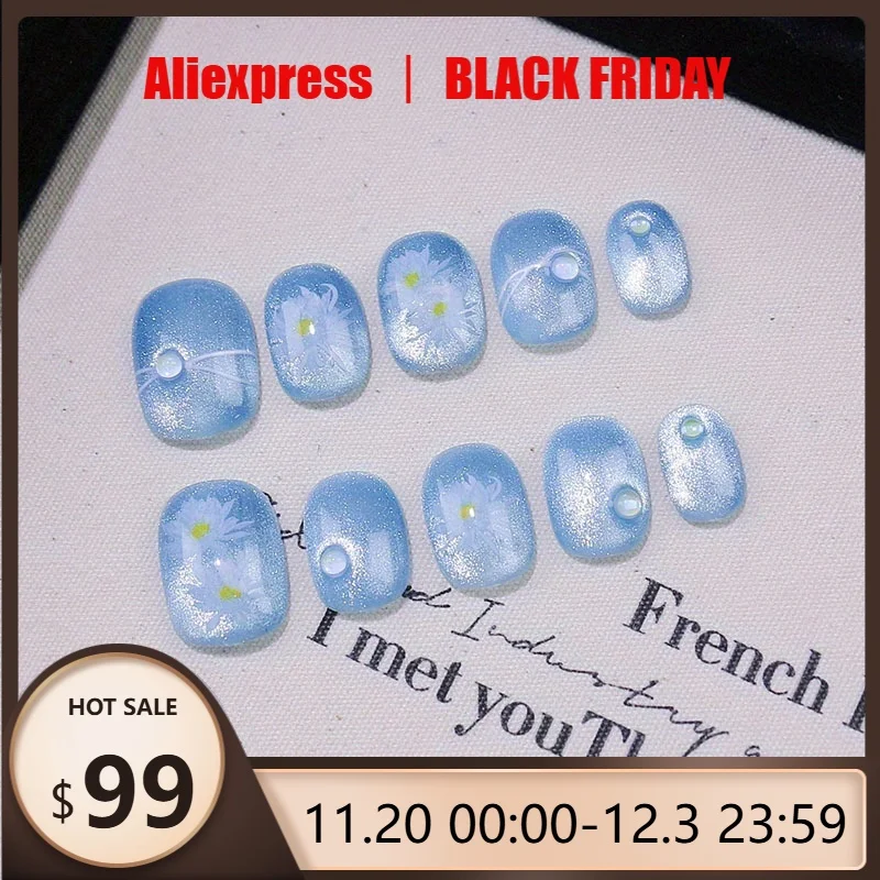 

10pcs Handmade Press on Nails Cat Eye Smudge Bubble Beads Love Pearl False Nails Short Square Removable Wearable Nail for Women