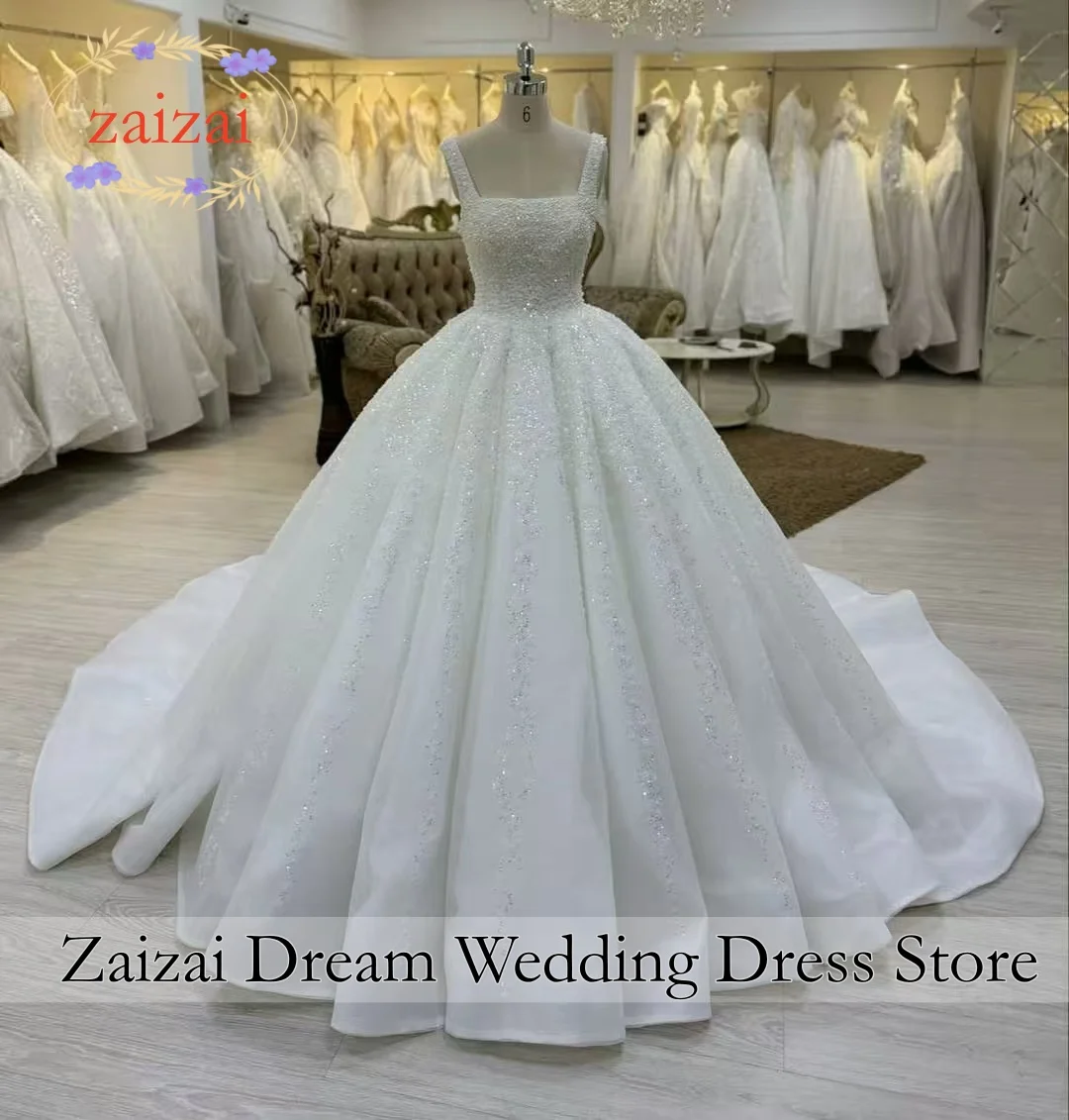 Customized Luxury Sequined Sparkling Crystal Square-Neck Wedding Dresses Formal Bridal Gown Vestidos De Novia