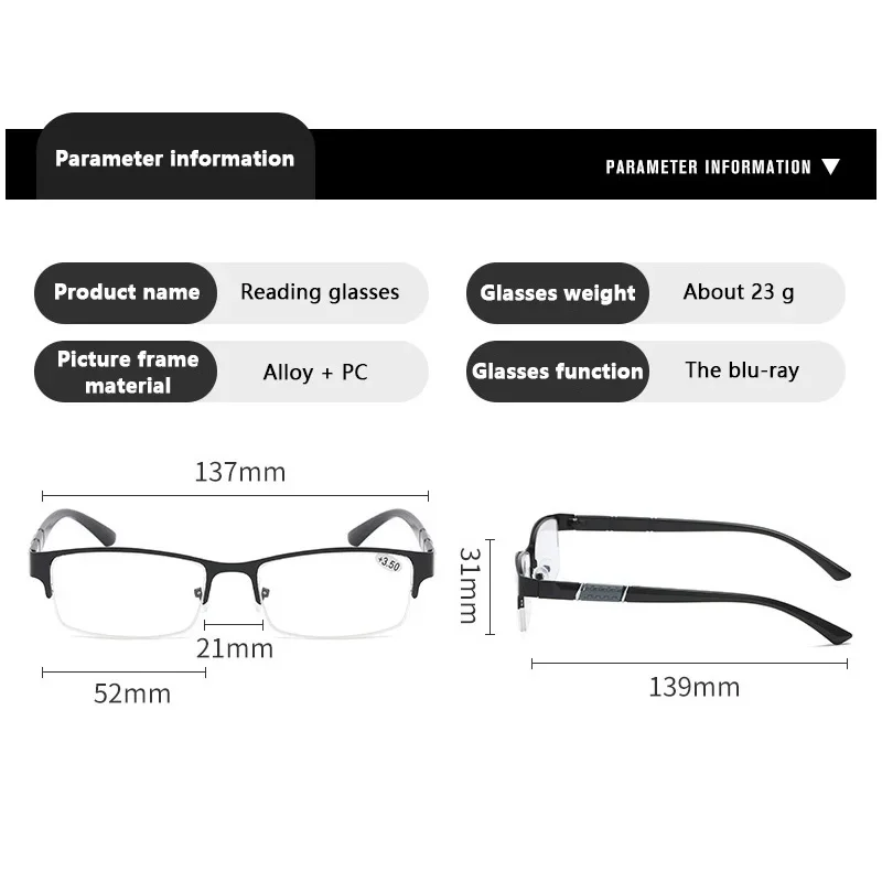 Men Business Half Frame Reading Glasses Anti Blue Light Lenses Eyeglasses Plus Diopter Prescription Glasses Presbyopia +1.50