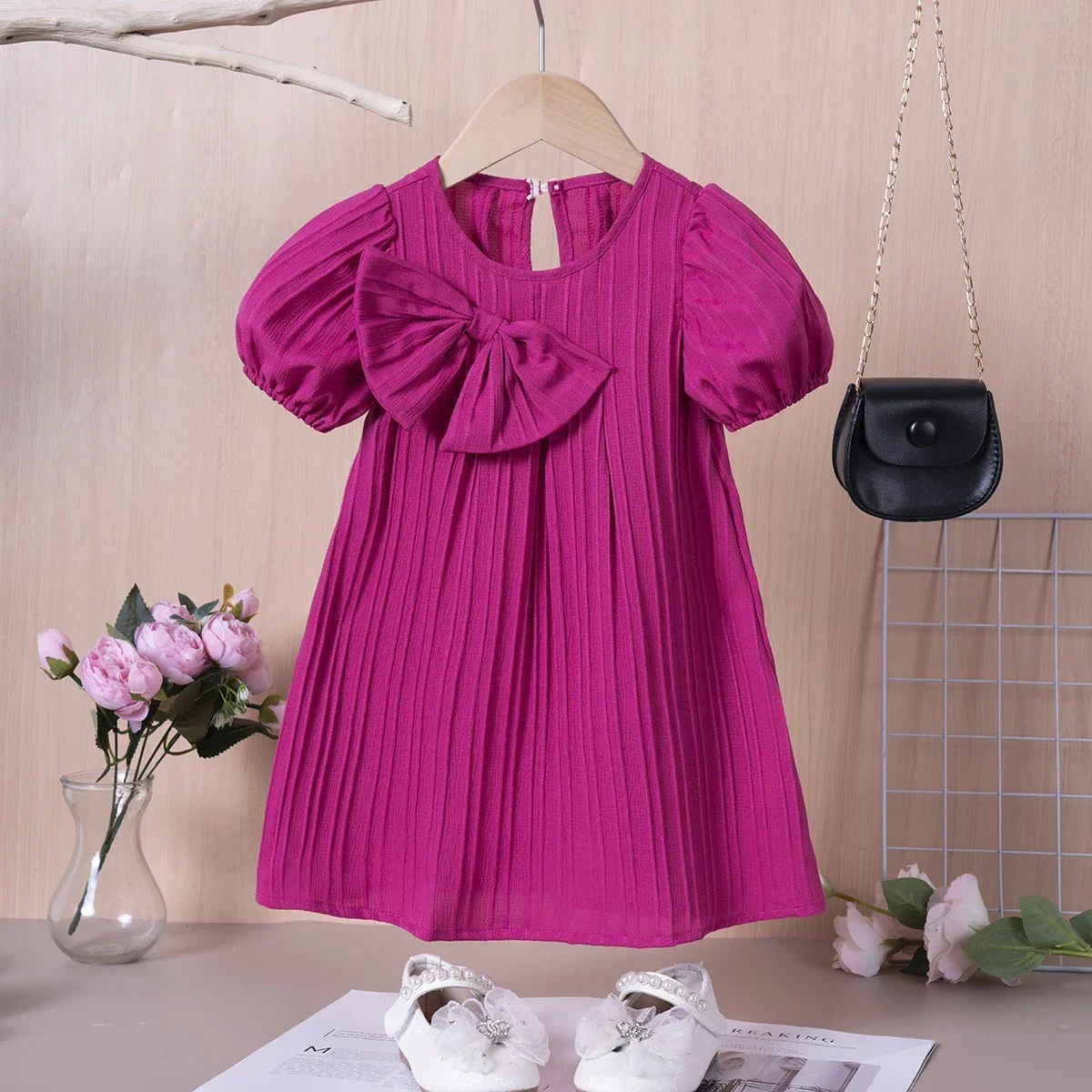 New Girl Dress Solid Color Bubble Sleeve Dress Cute Bow Party Dress Daily Casual Summer Clothing