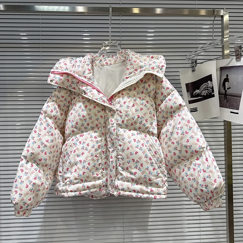 Winter Hooded Thick Cold Proof Down Jacket Female Print Warm Cotton Down Jacket Women White Duck Down Drawstring Padded Outwears