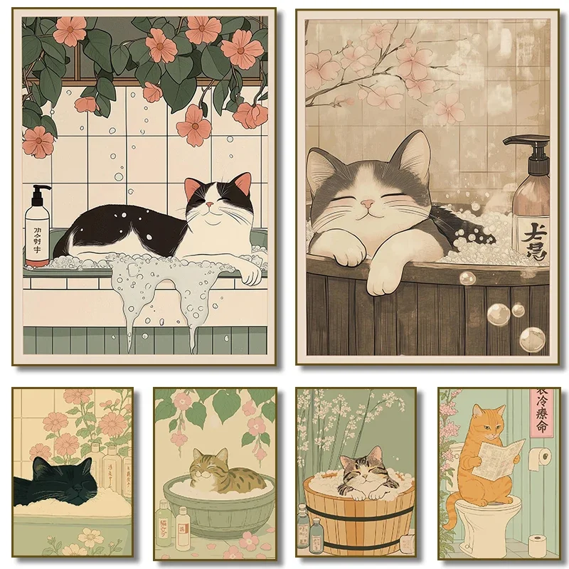 Multiple sizes 1pc frameless Canvas Painting,Retro Japanese Tabby Cat Fox in A Bubble Bath Poster Print Canvas Painting Aestheti