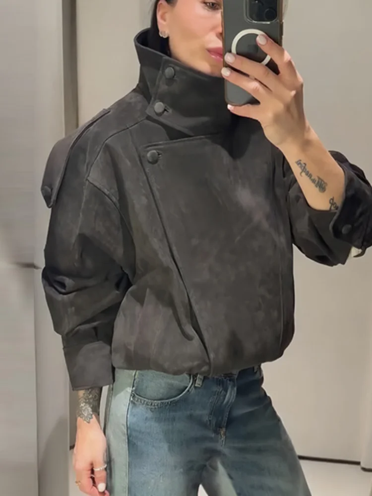 Women Elegant Solid Stand Collar Jacket Retro Full Sleeve Oversize Short Jackets 2026 New Spring Lady Casual Daily Street Coats